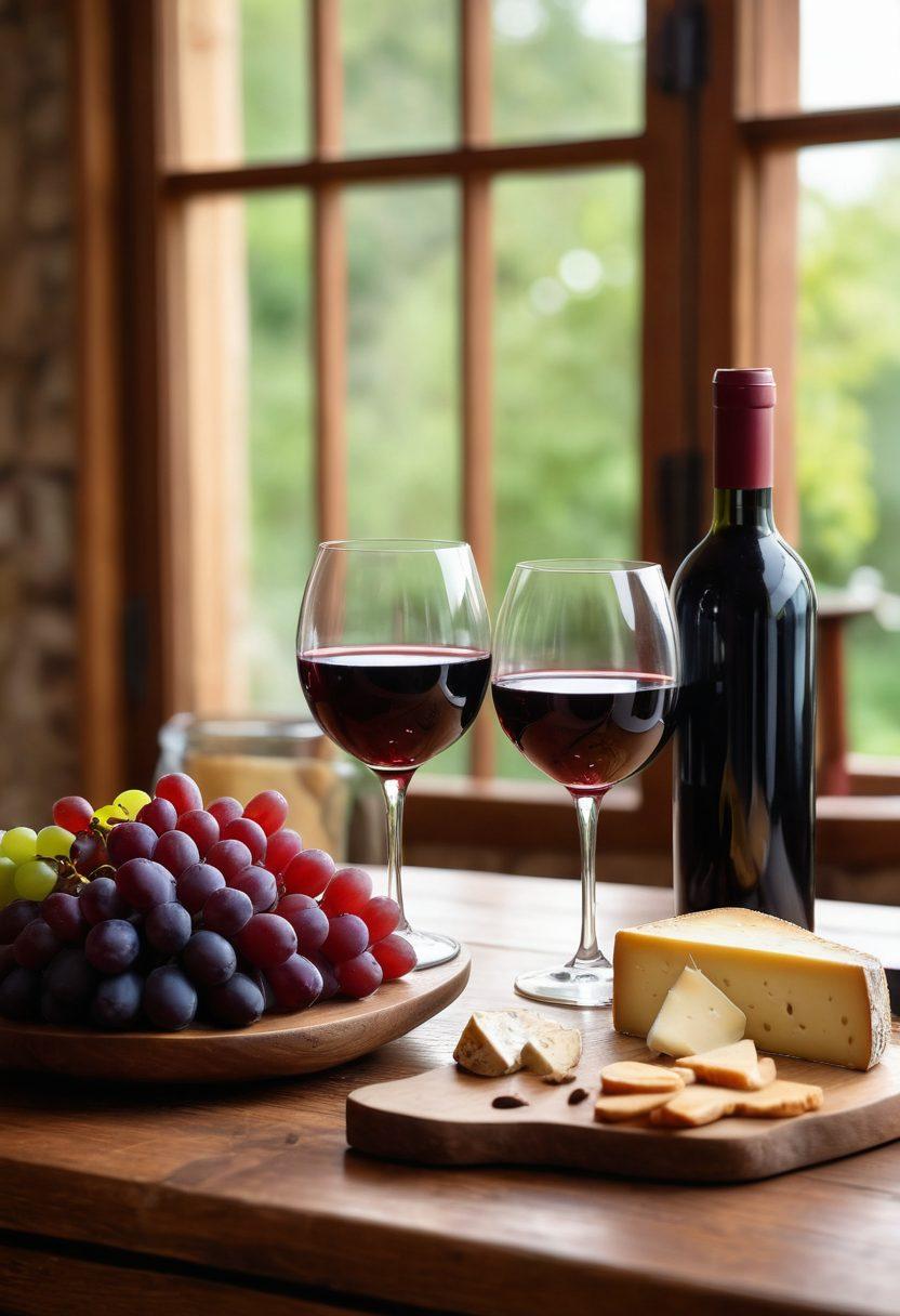 A beautifully arranged wine tasting setting featuring an elegant glass filled with rich red wine, a wine aerator, and a selection of vibrant grapes and cheese on a rustic wooden table. Soft natural light filters through a nearby window, highlighting the rich colors and textures of the wine and food. In the background, shelves stocked with various wine bottles add a warm, inviting ambiance. super-realistic. vibrant colors. soft focus.
