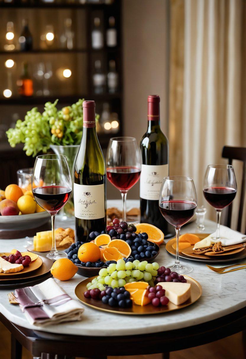 A beautifully arranged table set for an elegant happy hour, featuring an assortment of wine glasses, colorful wine filters, and unique wine accessories. In the background, soft ambient lighting and tasteful decorations evoke a warm, inviting atmosphere. Include a bottle of wine with a pour and some cheese and fruit platters for a festive touch. The scene should radiate joy and sophistication. super-realistic. vibrant colors. intimate setting.